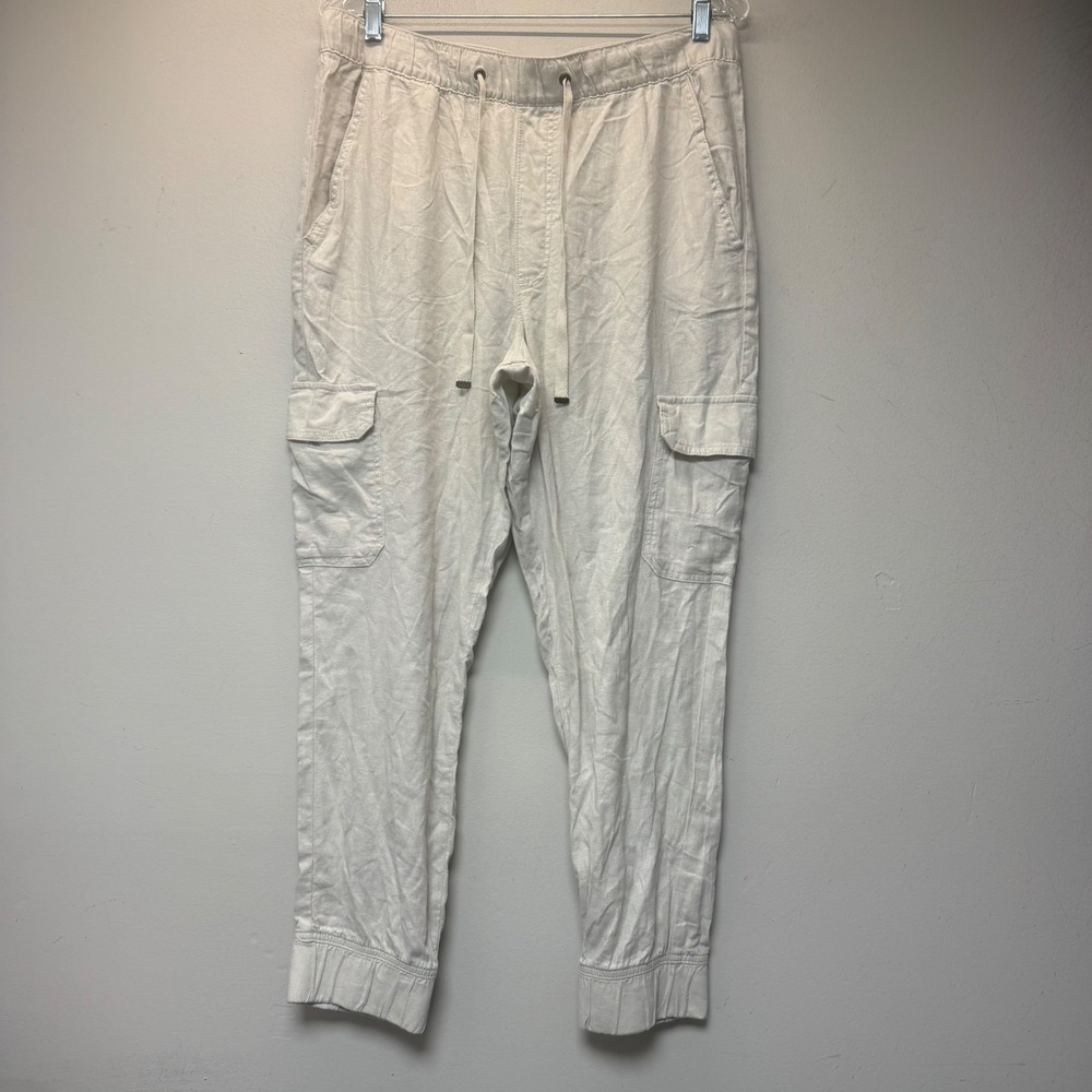 St Johns Bay Cargo Pants Women Large Beige Excellent Linen Blend Jogger 12677